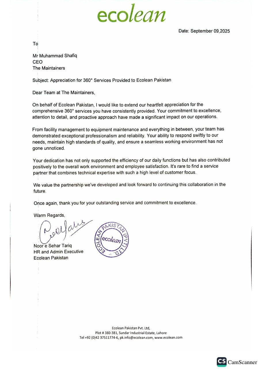 Ecolean Pakistan — Letter of Appreciation to The Maintainers for 360° services