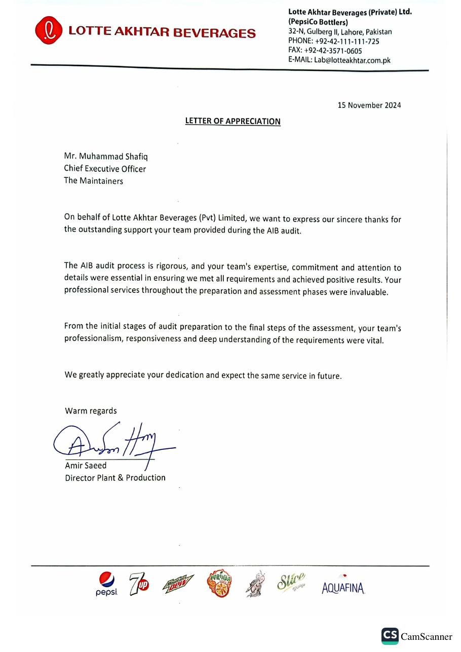 Lotte Akhtar Beverages (PepsiCo Bottlers) — Letter of Appreciation to The Maintainers